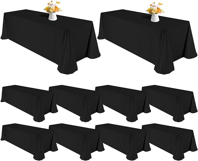10 Pack Black Tablecloths for 6ft Tables-90 x 132 Inch | Polyester Table Cover, Stain and Wrinkle Resistant Washable Fabric Table Cloth, Perfect for Wedding Banquet Parties by REWOMC