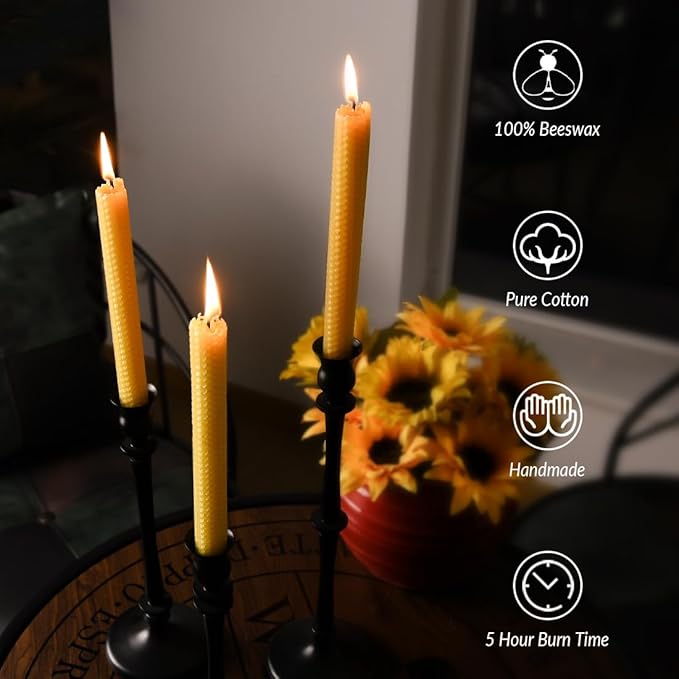 Pack of 4 Beeswax Taper Candles Hand Rolled - Smokeless Dripless - Organic No Scent - 8 Inch in Natural Yellow