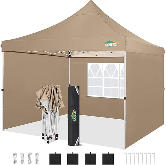 COBIZI 10x10 Pop Up with 3 Sidewalls, Canopy Tent 10x10 for Parties, Backyard, Commercial, Waterproof and Portable Instant Shelter UV50+ Outdoor Canopy Gazebo with 4 Sandbags(Khaki)