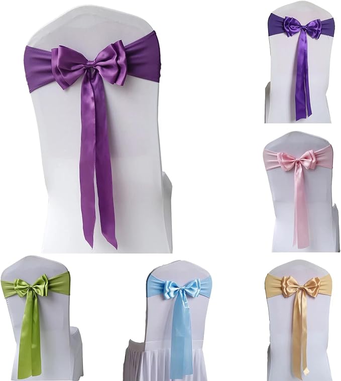 Pack of 50 Chair Sashes Spandex Chair Bands Satin Chair Sashes Chair Ribbons Bows Stretch Chair Sashes for Wedding Party Events Banquet Hotel Home Kitchen Chair Cover Decoration（50 PCS Purple） - Image 2