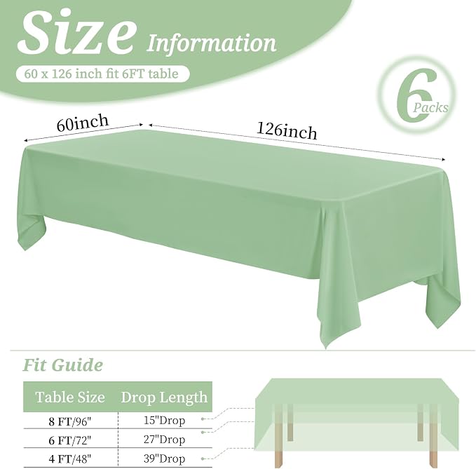 6 Pack Tablecloth 60 x 126 inch Polyester Table Cloth for 8 Foot Rectangle Tables,Stain and Wrinkle Resistant Washable Fabric Table Covers Polyester Sage Green Tableclothes for Wedding,Party,Banquet - Image 2