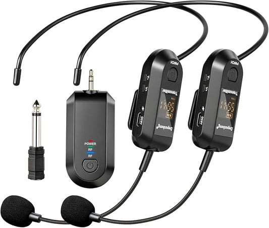 Depusheng 2.4G Wireless Microphone Headset,Lavalier and Handheld Mic 160ft Range,with 1/8''&1/4'' Plug for PA System,Voice Amplifier (Two Headset Microphone)