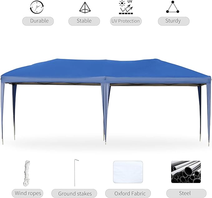 Outsunny 10' x 19.2' Pop Up Canopy Tent, Heavy Duty Tent for Parties, Outdoor Instant Gazebo Sun Shade Shelter with Carry Bag for Catering, Events, Wedding, Backyard BBQ, Blue