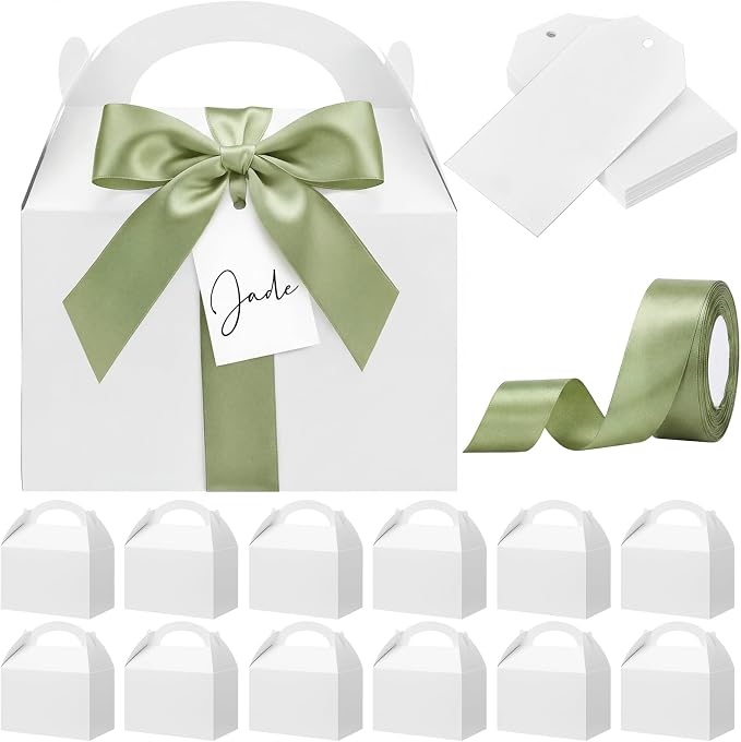 Maitys 50 Set Large Gable Boxes with Handle, Ribbon, Tag, White,Sage Green | Party Favor Gift Boxes, Wedding Welcome Treats, Dessert Table Display, Elegant Satin Ribbon Bow, Personalized Name Tag by Maitys