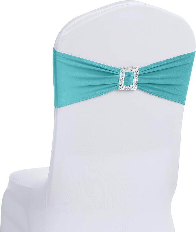 Joccun 60 PCS Spandex Chair Sashes Bows Stretch Chair Cover Band with Buckle Slider Universal Elastic Chair Ties for Wedding Banquet Party Event Decoration (Turquoise) by Joccun