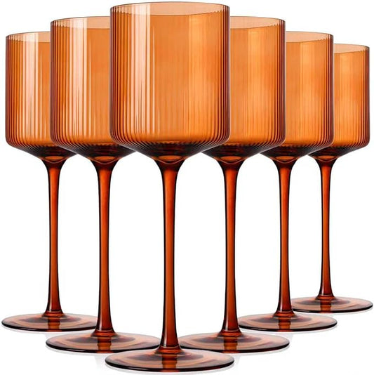 Halloween Decorations Maple Colored Square Wine Glasses Set of 6, Elegant Ribbed Design Amber Crystal Glassware with Long Stem, 11.5oz Hand Blown Stemware For Halloween, Thanksgiving