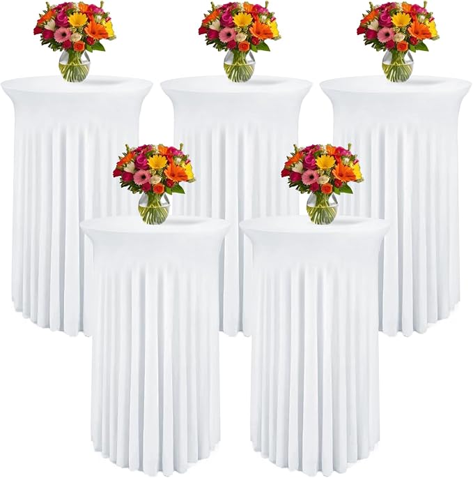 WJWHQ 5 Pack Round Spandex Cocktail Tablecloths with Skirt - Stretch Table Covers for High Top Bar, Wedding, Party, Banquet (White, 32 x 43 Inch) by WJWHQ