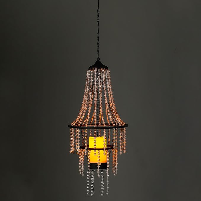 Hanging Candle Lantern Outdoor, 28” Battery Operated Modern Clear Acrylic Crystal Chandeliers with Flickering Yellow Led Candle Light S Hooks for Garden, Backyard, Gazebo, Room Indoor Indoor Decor