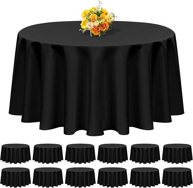 12 Packs 120 Inch Black Round Polyester Tablecloths | Table Cover for Round Tables, Stain and Wrinkle Resistant Washable Table Cloth, Perfect for Wedding Banquet Parties by REWOMC