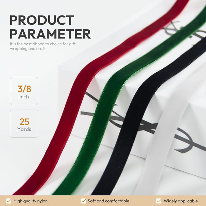 3/8" Wide Velvet Ribbon, 25 Yards - Thin Red Velvet Ribbon on Spool for Crafts, Gift Wrapping, DIY, Hair Bows, Wedding Invitations, Parties, Valentine's Day, and Christmas