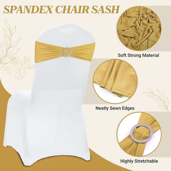 VDS - Gold | Spandex Chair Sashes Bows | 300 PCS | Stretch Elastic Banquet Universal Folding Chair Band Tie with Silver Buckle Slider for Wedding Party Conference Celebration Event Decoration - Image 3