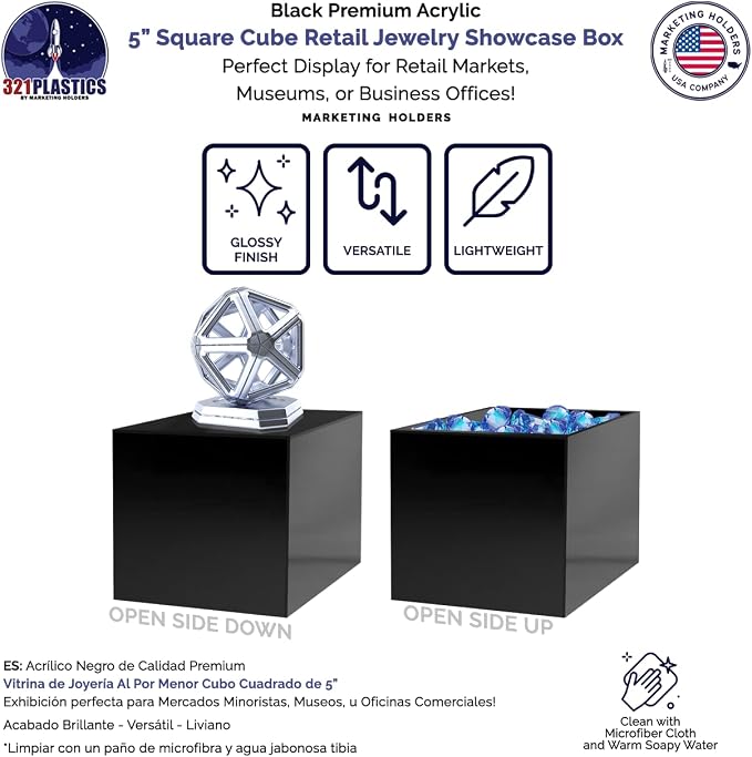 2 Pack 5" Acrylic Display Riser Box with One Open Side No Lid Versatile Preassembled Glossy Black Square Lucite Retail Product Platform or Merchandise Storage Bin by Marketing Holders - Image 3