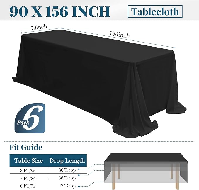 fani 6 Packs Black Tablecloth - 90 x 156 Inch for 8Ft Tables | Washable Polyester Fabric, Stain Wrinkle Resistant Rectangle Table Cloth for Wedding Banquets Parties Buffet Dining - Image 2
