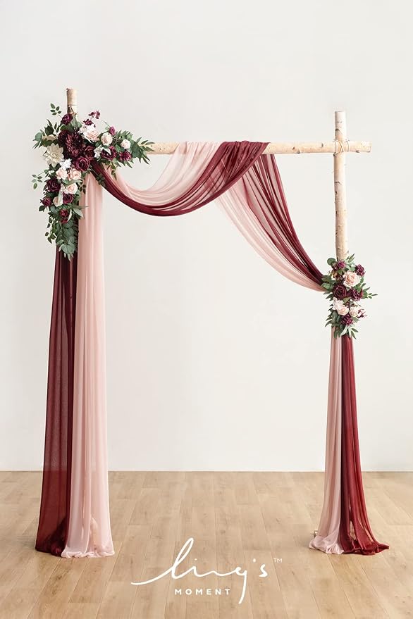 Ling's moment Red Pink Blush Artificial Wedding Arch Flowers Kit Pack of 4, 2pcs Hanging Flower Arrangement 2pcs Chiffon Drapes Ceremony Reception Fake Rose Arbor Backdrop Floral Party Outdoor Decor | Pack of 4, 2pcs Hanging Flower Arrangement, 2pcs Ch... - Image 2
