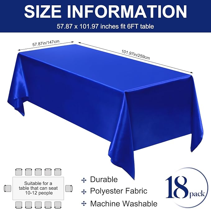 Moukeren Rectangle Tablecloths 58" x 102" for 6 ft Tables, Blue, 18 Pack | Wrinkle Resistant Polyester, Reusable Washable Bulk Tablecloths, Wedding Party Restaurant - Image 4