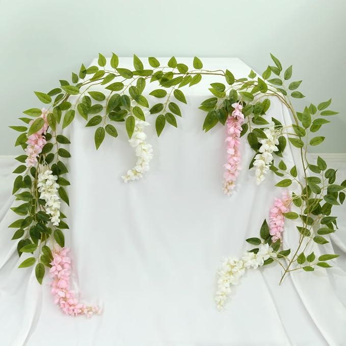 4 Pcs Two-Tone Flower Vine Artificial Wisteria Garland Silk Faux Hanging | pink-white Suitable for Home Hotel Stairs Wedding Arch Party Indoor Outdoor Decoration - Image 9