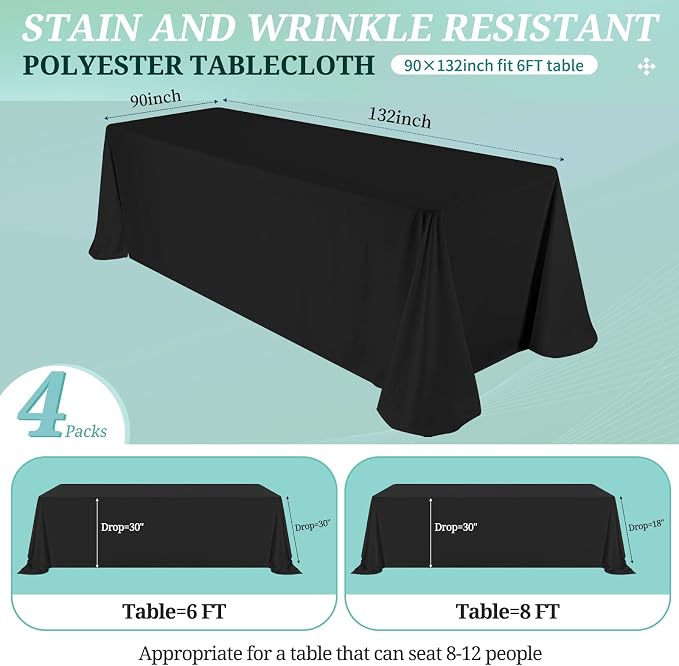 4 Pack Black Tablecloths for 6ft Tables-90 x 132 Inch | Polyester Table Cover, Stain and Wrinkle Resistant Washable Fabric Table Cloth, Perfect for Wedding Banquet Parties - Image 2