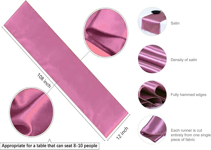 VDS Pack of 15 Satin Table Runners Charmeuse Sateen Silk Centerpiece Cloth Linen for Wedding Birthday Graduation Engagement Ceremony Event Party Banquet Table Decoration (12x108 inch)(Dusty Pink) - Image 3