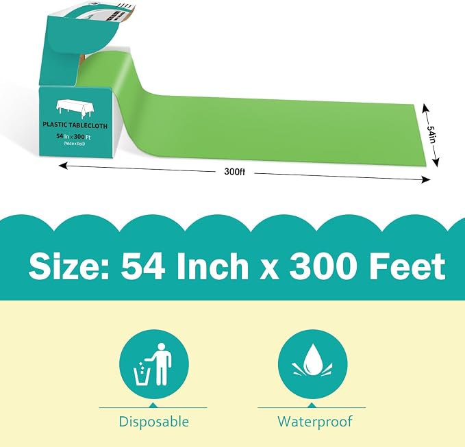 54 Inch x 300 Feet Lime Green Plastic Tablecloth Roll Disposable Table Cloth with Cutter Box Plastic Table Cover for Party - Image 2
