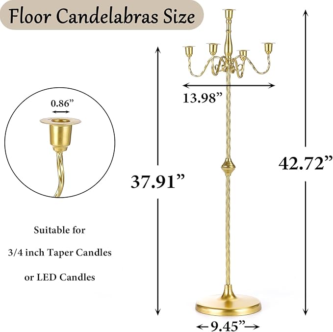 42.7 Inch Floor Candelabra Candle Holder Set of 2, 5 Arms Gold Candlestick Holders, Tall Candelabras Centerpiece for Taper Candles, Metal Standing Candlesticks for Wedding Birthday Party Home Decor