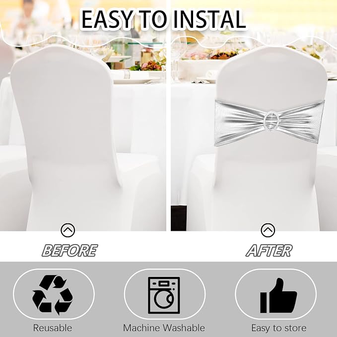 CHENGU 150 Pcs Silver Chair Sashes with Buckle, Stretch Bands - Image 5