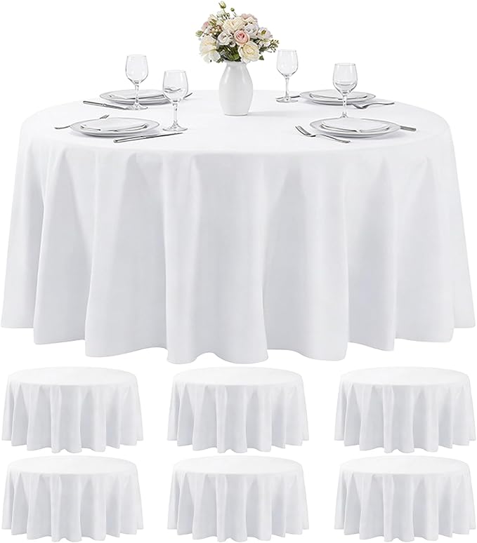 MRJ 6 Pack Round Tablecloth 120 Inch White Stain Resistant and Wrinkle Polyester Washable Table Clothes for Wedding Dining Birthday Events by MRJ-EmbracetheRemarkable