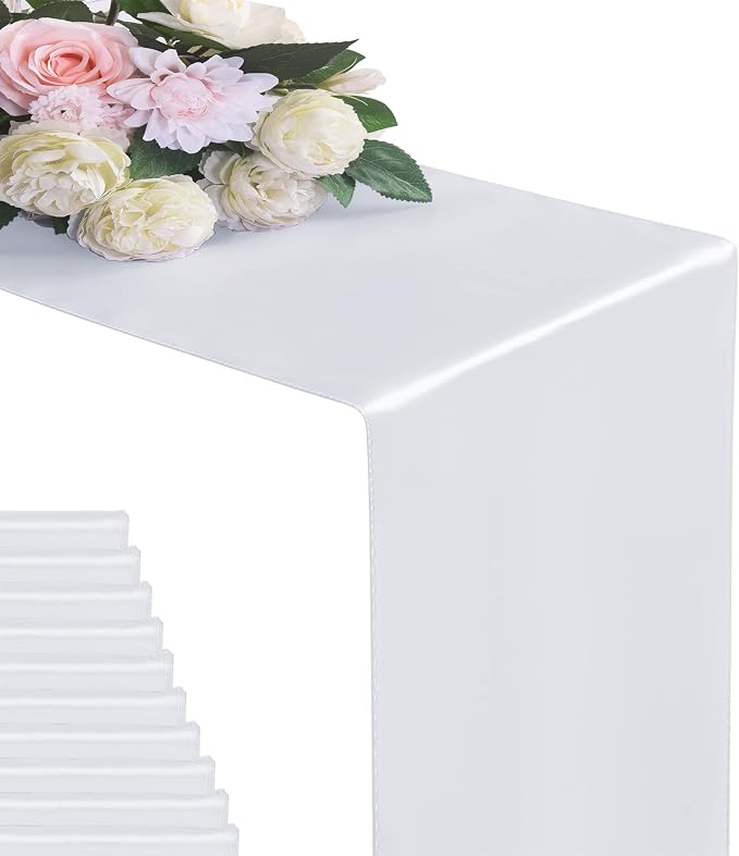 12Pack Table Runner 12 x 108 Inches Satin Silk Table Runner for Wedding, Birthday Party, Banquets, Graduations Decoration, fit Rectange and Round Table-White by flohar