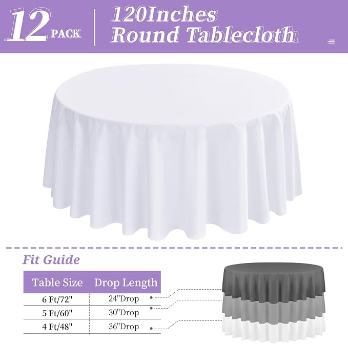 12 Packs 120 Inch White Round Polyester Tablecloths | Table Cover for Round Tables, Stain and Wrinkle Resistant Washable Table Cloth, Perfect for Wedding Banquet Parties - Image 2