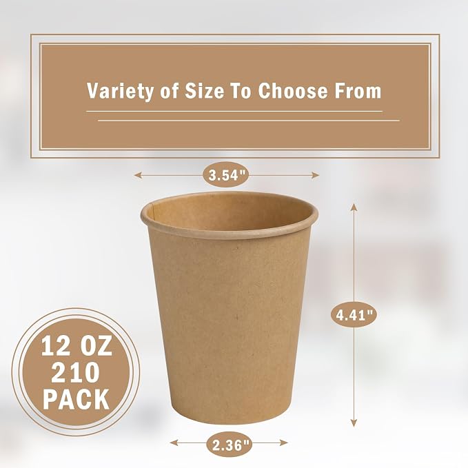 Lamosi 210 Pack 12 OZ Paper Coffee Cups, Disposable Kraft Paper Cup | Unbleached Brown Cups for Hot/Cold Beverages, Suitable for Home, Kitchen, Office, Party, Picnic, Travel, Cafe & Bar Use - Image 2