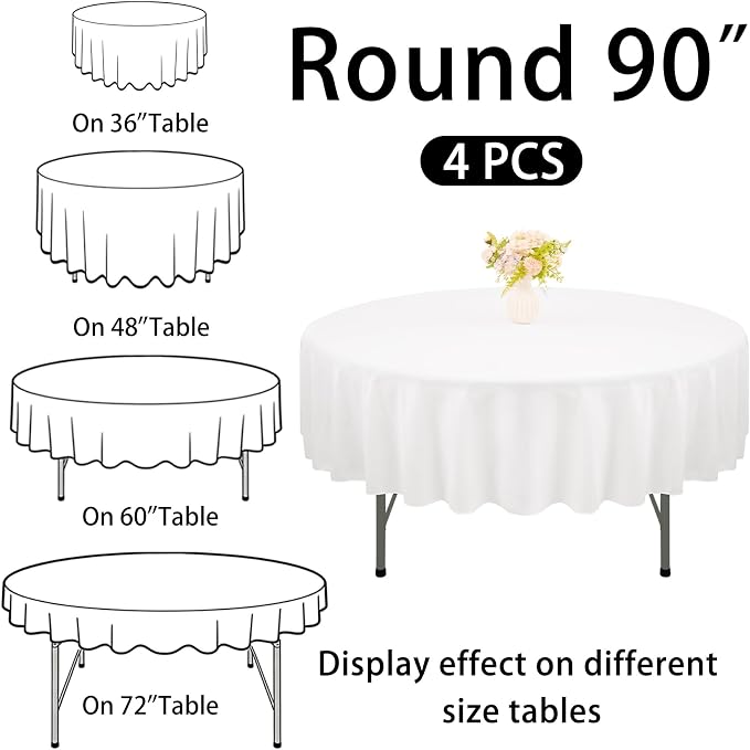 4 Pack Round Tablecloth 90 Inch White Polyester Washable Decorative Fabric Table Covers for Wedding Dining Table Buffet Parties Banquet Decor - Image 2