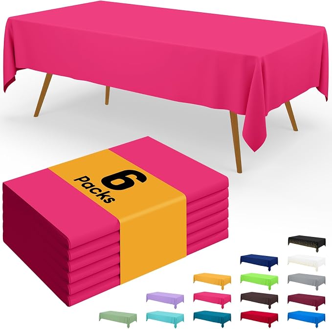 Smiry Disposable Table Cloth - 6 Pack, 54 x 108 Inch Waterproof Rectangle Tablecloths for Parties, Decorative Plastic Table Cover, Leakproof & Sturdy, Hot Pink by Smiry
