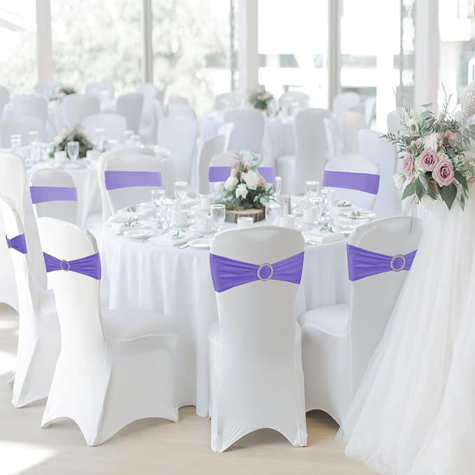 WJWHQ 100PCS Spandex Stretch Chair Sashes Bows Elastic Chair Cover Bands Ties with Buckle Slider for Wedding Party Reception Events Universal Ceremony Banquet Decorations(Light Purple) - Image 5