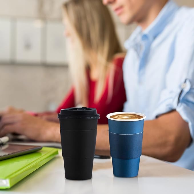 SIUQ 100 Pack 16 oz Coffee Cups with Lids, Disposable Hot Paper Coffee Cups | Black & Blue To Go Paper Cups with Lids and Sleeves for Thanksgiving, Party, Home, Shop, Office, Christmas, Travel and Events - Image 8