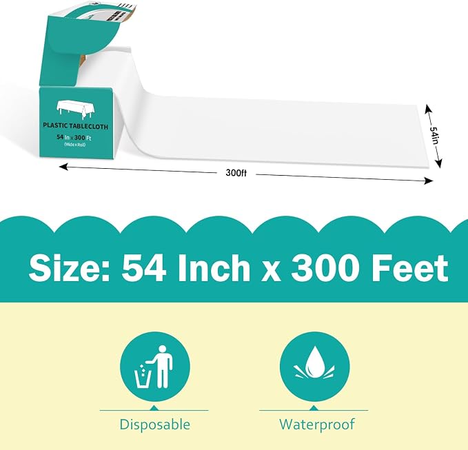 54 Inch x 300 Feet White Plastic Tablecloth Roll Disposable Table Cloth with Cutter Box Plastic Table Cover for Party - Image 2