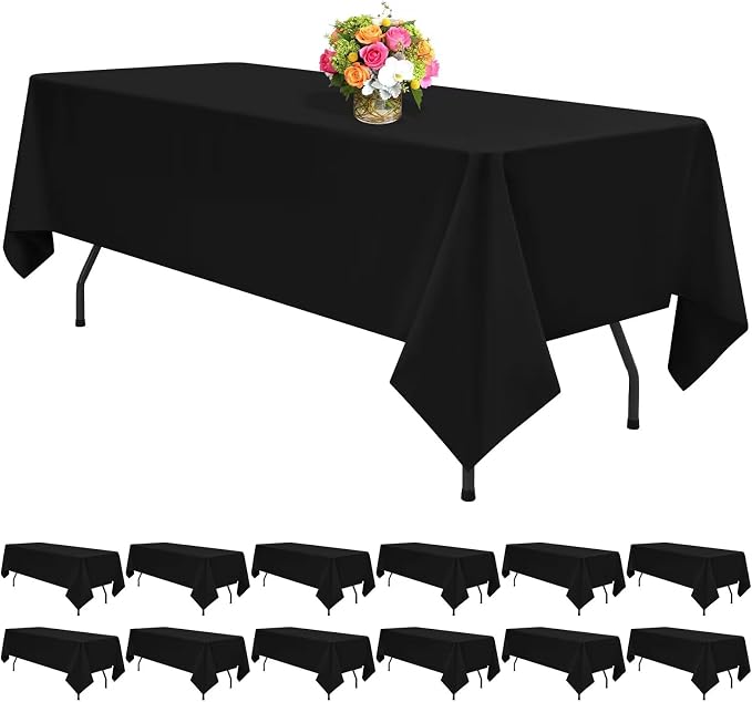 12 Pack Black Tablecloths for 6ft Tables-60 x 102 Inch | Polyester Table Cover, Stain and Wrinkle Resistant Washable Fabric Table Cloth, Perfect for Wedding Banquet Parties by REWOMC