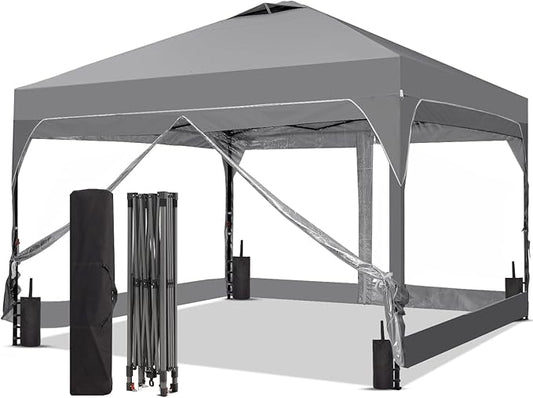 10x10 FT Pop Up Canopy with 4 Clear Sidewalls, 1-Button Push Instant Canopy Tent with Sandbags, Enclosed PVC Walls for Outdoor Activities & Events