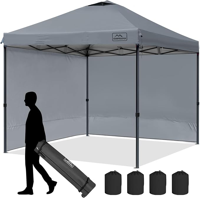 KAMPKEEPER 10x10 Pop-Up Canopy Tent, Waterproof, Portable Shade with Side Walls, Adjustable Instant Outdoor Shelter for Camping, Backyard, and Events, Grey