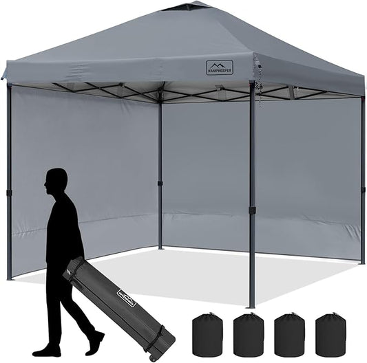 KAMPKEEPER 10x10 Pop-Up Canopy Tent, Waterproof, Portable Shade with Side Walls, Adjustable Instant Outdoor Shelter for Camping, Backyard, and Events, Grey