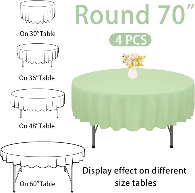 4 Pack Round Tablecloth 70 Inch Polyester Washable Fabric Table Covers for Wedding Dining Table Buffet Parties Banquet（Round 70 Sage Green） - Image 2