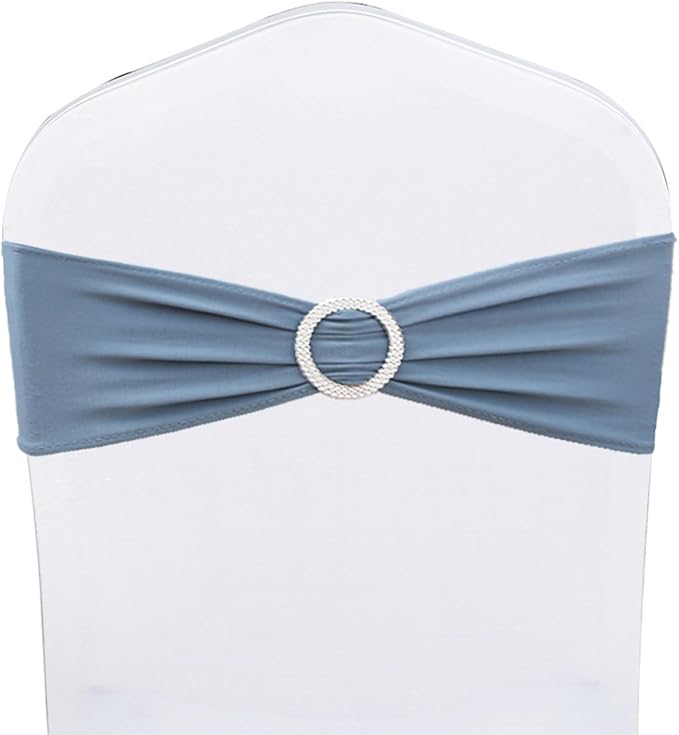 Spandex Dusty Blue Chair Sashes 100 Pack for Wedding Party Decorations, Elastic Chair Bands Bows for Party, Without White Chair Covers (Dusty Blue) - Image 2