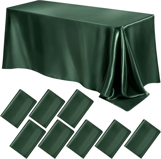 Lounsweer 8 Packs Satin Tablecloth 102 x 58 Inches Rectangle Table Cover Silk Smooth Fabric Party Table Cloth for Rectangle Parties, Holiday Dinner Wedding Banquet Decoration(Dark Green)