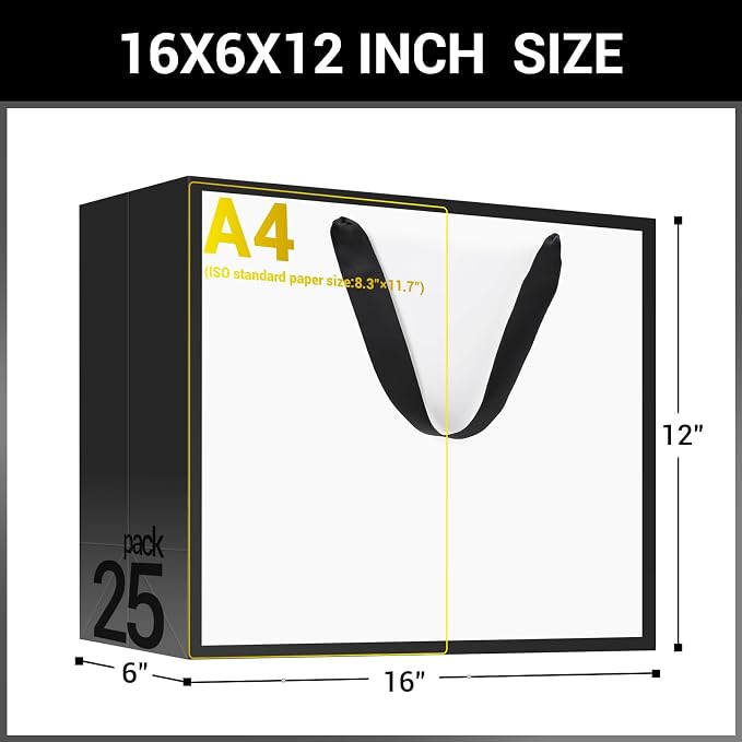 EUSOAR Large Gift Bags with Handles, 25pcs 16"x6"x12" Thank You Wrap Paper Bags Bulk, White/Black Merchandise Retail Shopping Wrapping Bags for Business, Craft Grocery, Wedding Birthday Party Favor - Image 2