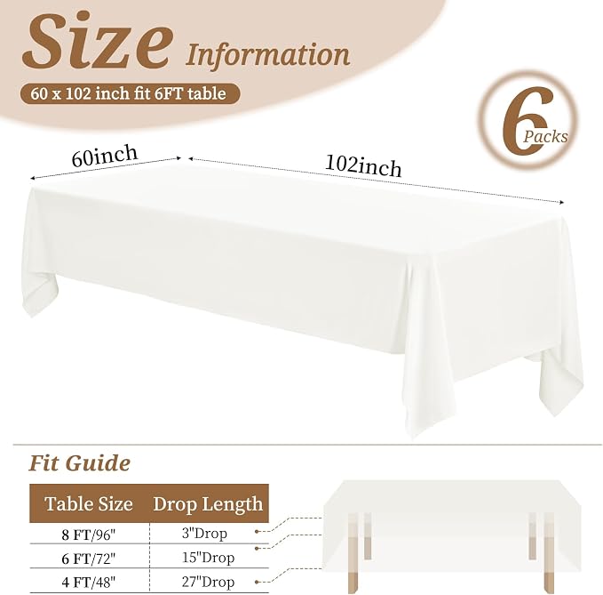 YMHPRIDE 6 Pack Tablecloth 60 x 102 inch Polyester, Ivory | For 6 Foot Rectangle Tables, Stain and Wrinkle Resistant, Washable Fabric, For Wedding, Party, Banquet - Image 2