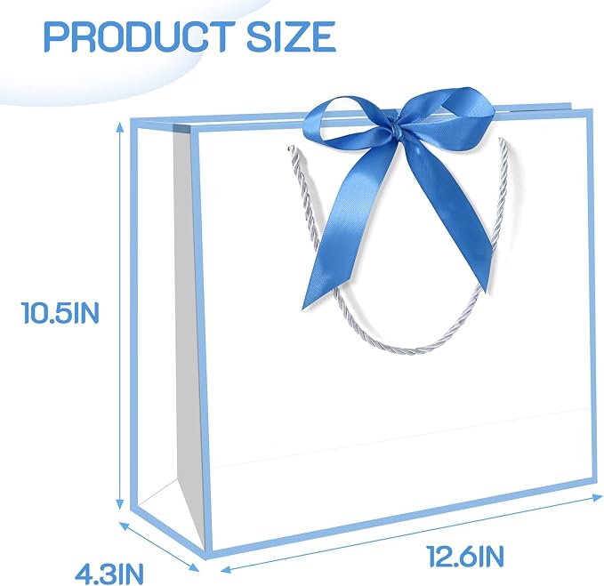 5 | 12 | 25 | 50 Pack Gift Bag with Bow Ribbon Horizontal Paper Gift Bags Bulk for Women Men,with Handles for Birthday Wedding Bridesmaid Party Favor Shopping Retail Gift Sacks (Sky blue, 12.6x4.3x10.5 Inch (Pack of 12)) - Image 2