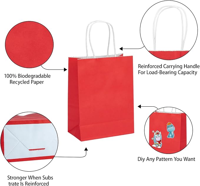 MOZRRO Gift Bags, 100 Pack 10.5x8.5x4.5 Inch, Paper Bags with Handles, Red, Medium Size, Recyclable, Eco-Friendly, Birthday, Wedding, Bulk, Party, Lunch Bags - Image 3