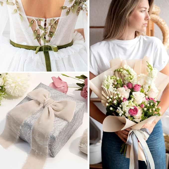 1" Wide x 10 Yards Velvet Ribbon, Vintage Single Face Velvet Ribbons for Gift Wrapping, Christmas Wrapping Bows, Wedding Decor, Sewing and More (White)