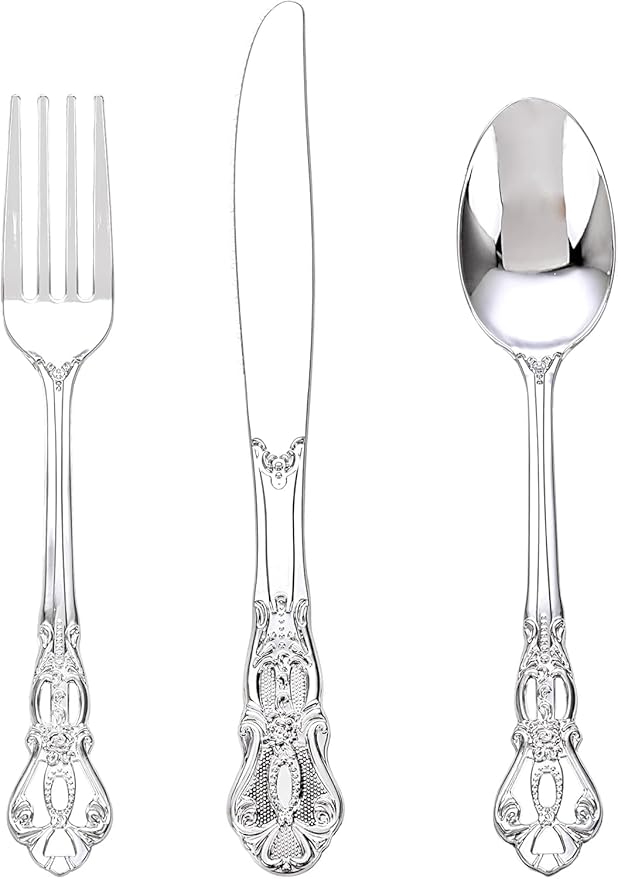 90PCS Silver Plastic Silverware - Heavy Duty Silver Disposable Cutley - Fancy Plastic Utensils Flatware Include 30 Forks, 30 Spoons, 30 Knives for Catering, Parties, Dinners, Weddings