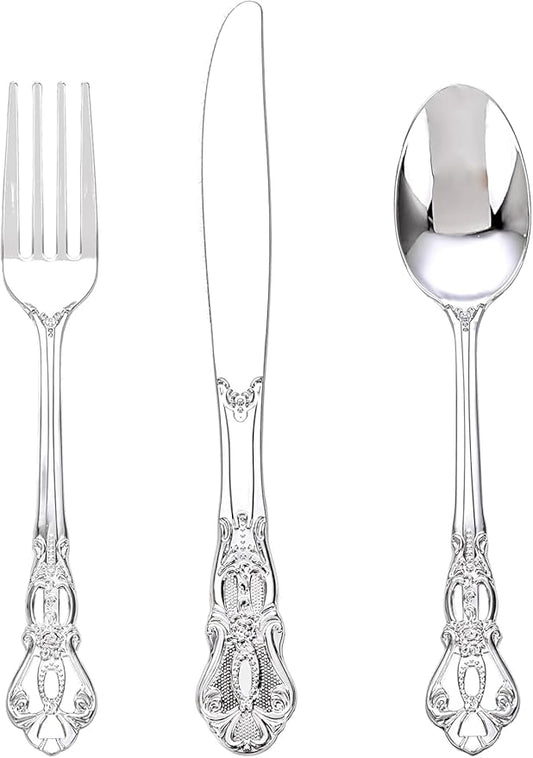 90PCS Silver Plastic Silverware - Heavy Duty Silver Disposable Cutley - Fancy Plastic Utensils Flatware Include 30 Forks, 30 Spoons, 30 Knives for Catering, Parties, Dinners, Weddings