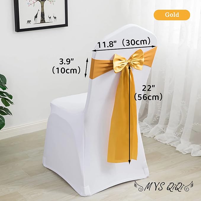 Pack of 100 Spandex Chair Bands - Satin Chair Sashes & Ribbons Bows for Wedding, Party, Banquet & Home Decoration (100 PCS Gold) - Image 2