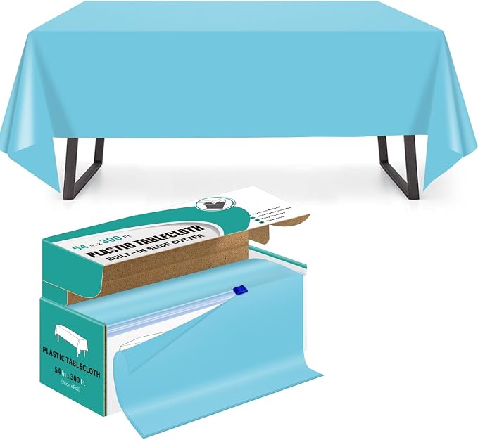 54 Inch x 300 Feet Light Blue Plastic Tablecloth Roll Disposable Table Cloth with Cutter Box Plastic Table Cover for Party by Unknown